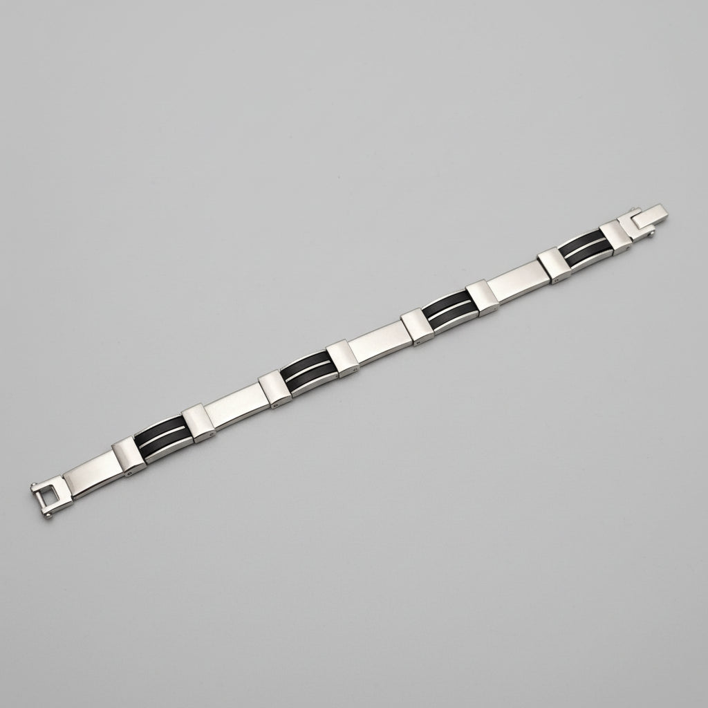 Mens Modern Steel & Black Inlay Bracelet