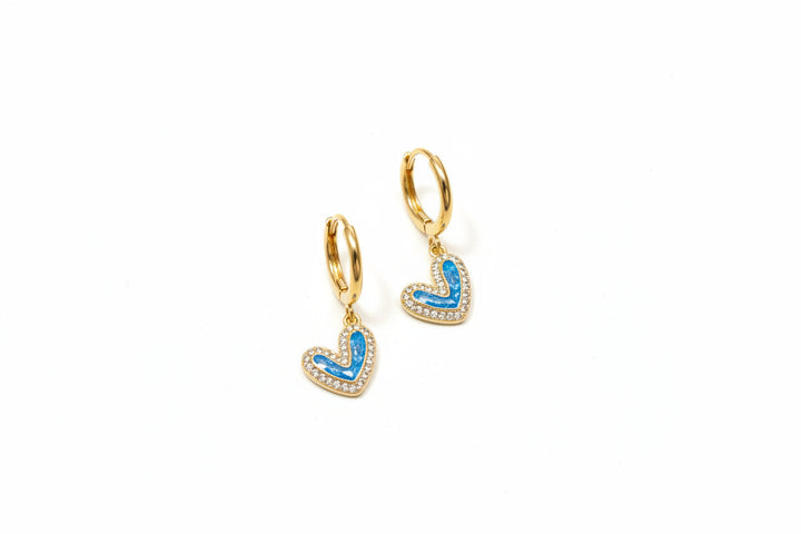Blue Opal Heart Hoop Earrings