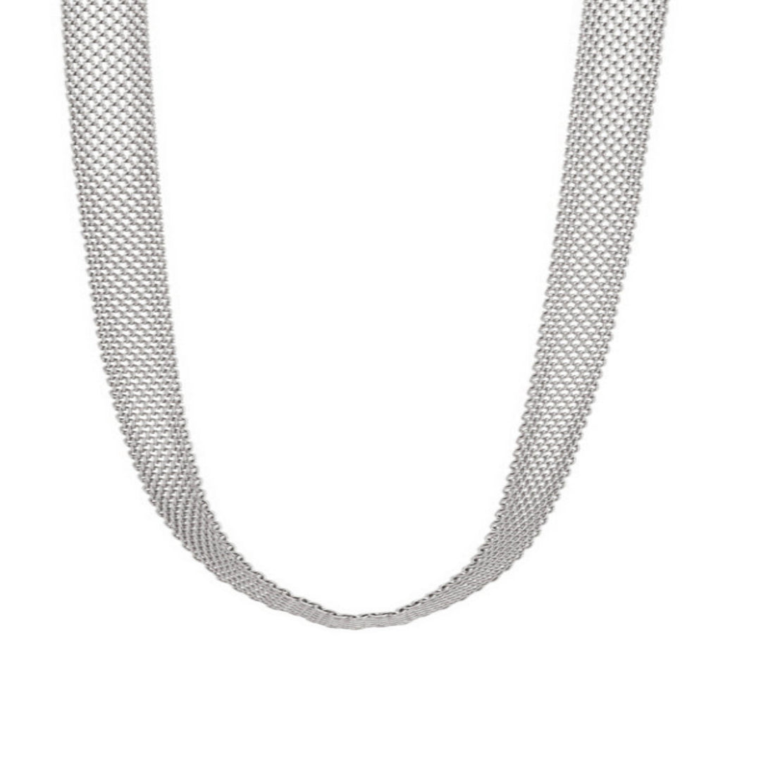 Silver mesh necklace on a white background