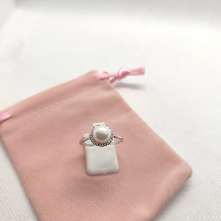 Silver Pearl Halo Ring